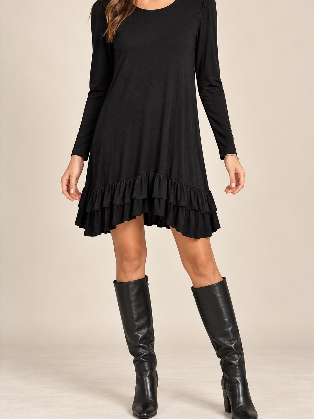 Black Long Sleeve Scoop Neck Double Ruffle Hem Dress size XS